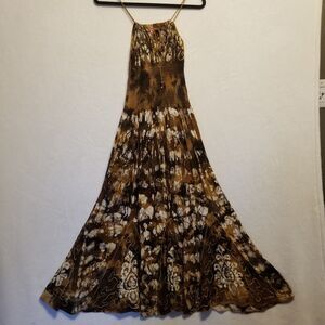 Fashion Terminal OS Dress Maxi Brown Tie Dye Gold Smocked Waist Embroidered Boho